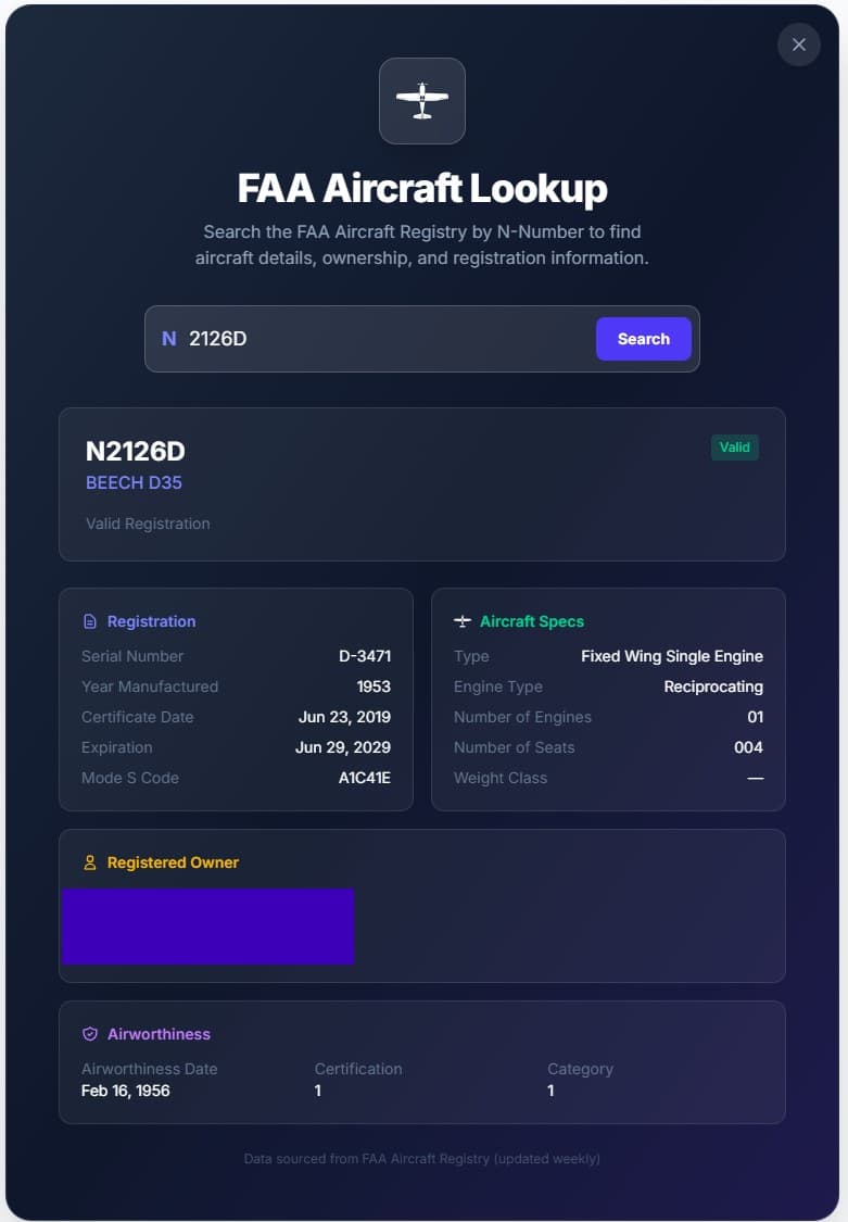 FAA Aircraft Lookup in Hangarly