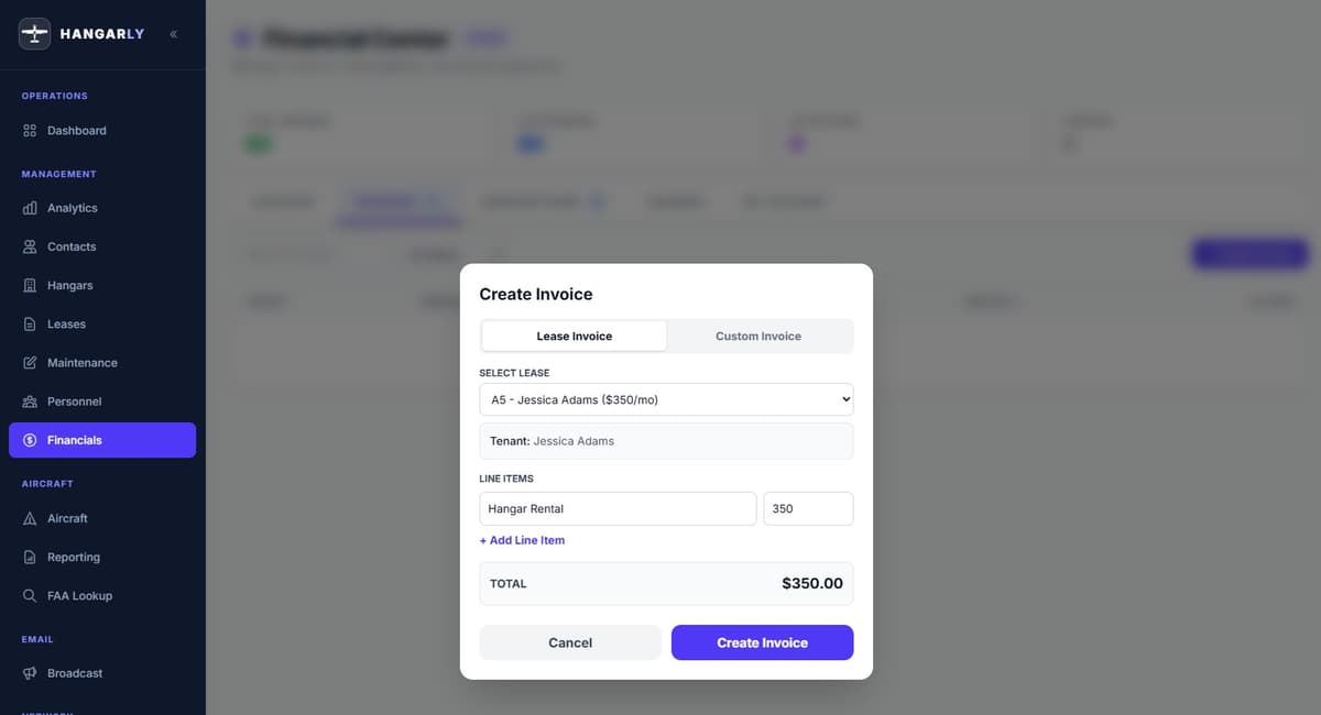 Hangarly billing dashboard with Stripe payment integration
