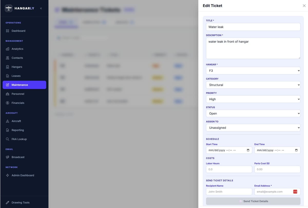 Hangarly maintenance ticket system showing work order details