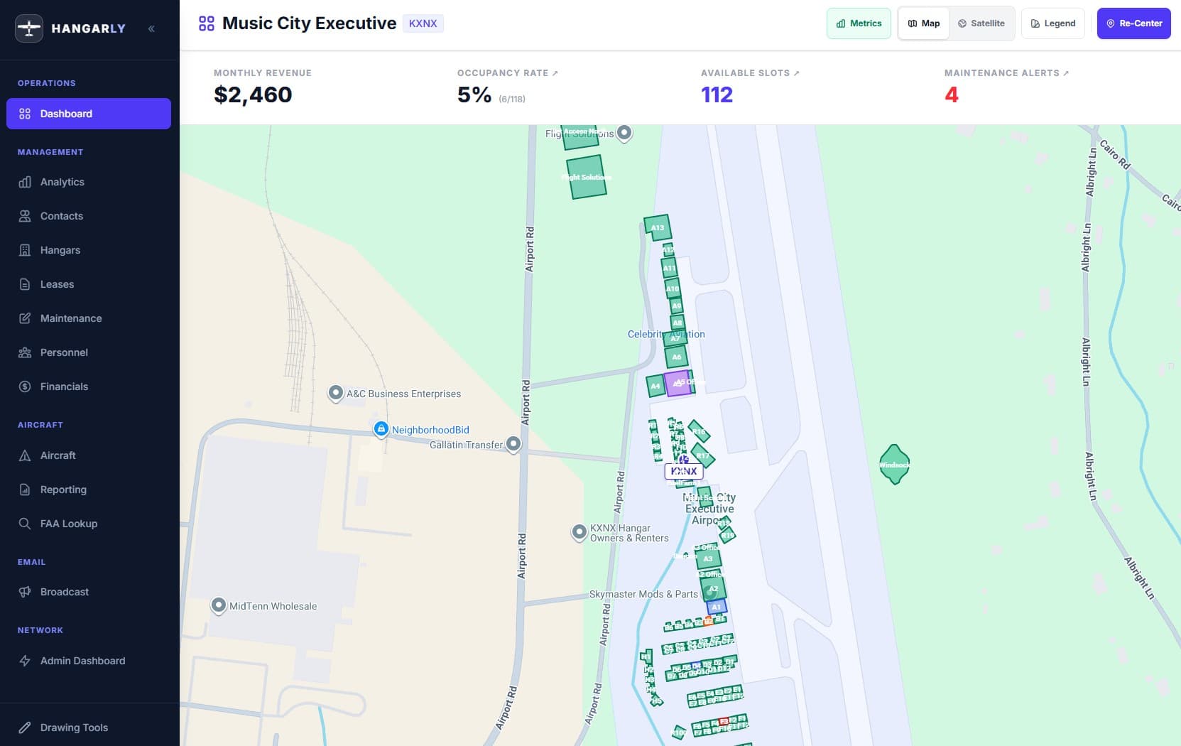 Hangarly airport management dashboard with interactive map